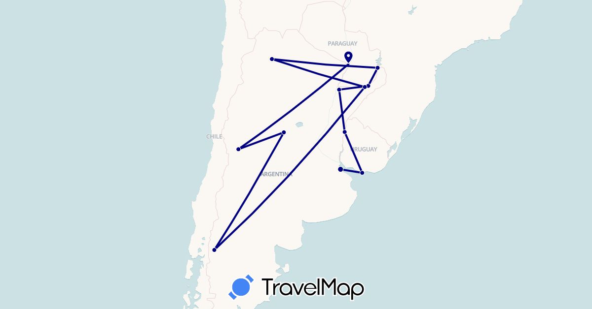 TravelMap itinerary: driving, plane in Argentina, Uruguay (South America)